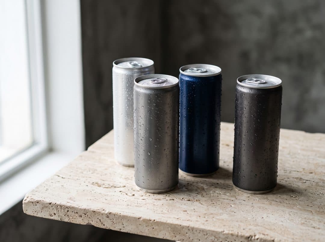 Cuatro latas slim de bebida energética sin marca, en plata, azul y grafito, sobre piedra clara con fondo oscuro.