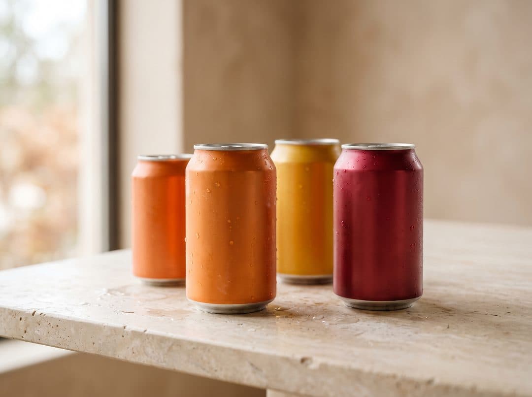 Cuatro latas de refresco sin marca, en tonos naranja, amarillo y rojo, con gotas de condensación sobre una encimera de piedra clara.