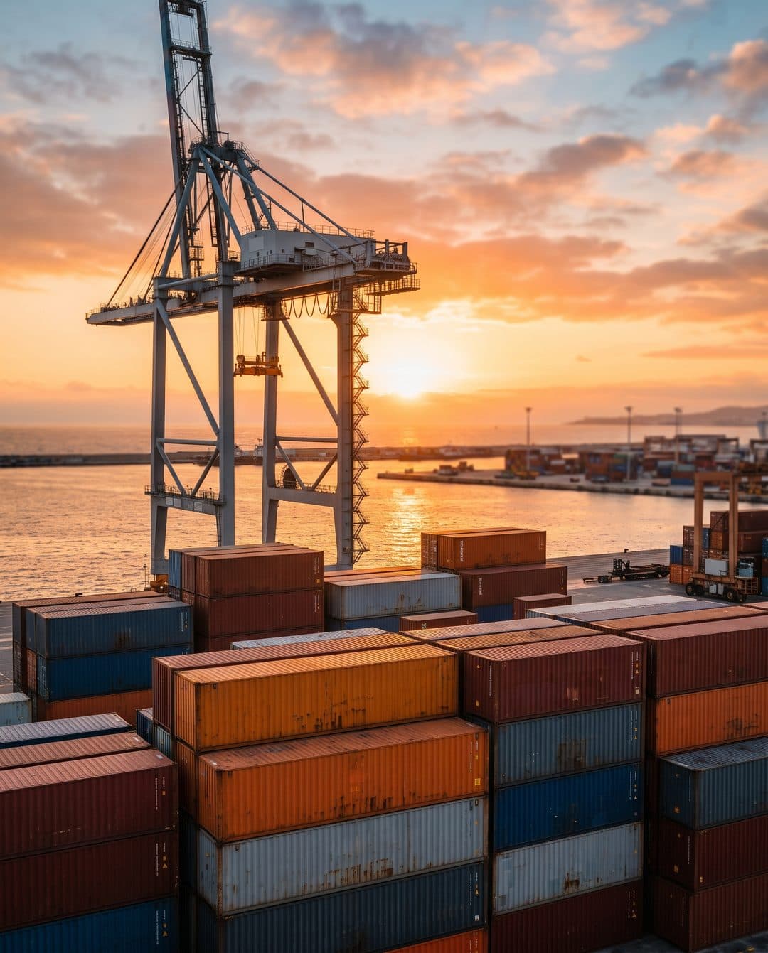 Grúa portuaria sobre pilas de contenedores en una terminal marítima al atardecer.